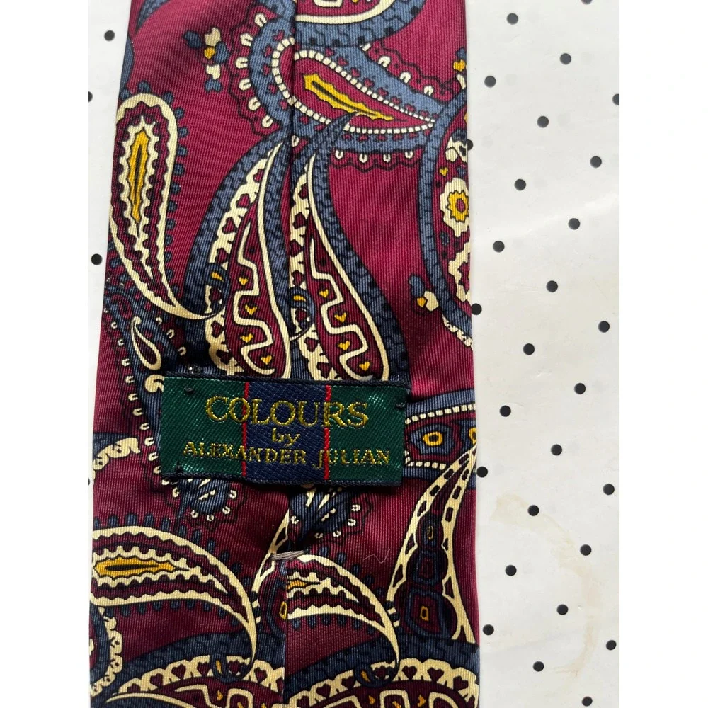 Colours by Alexander Julian Mens Silk Paisley Tie Burgundy Navy Gold Made in USA
